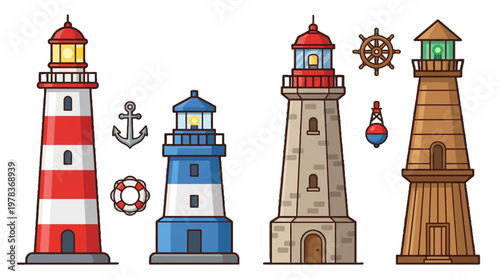 Different lighthouses and marine objects in a simple design for a coastal theme