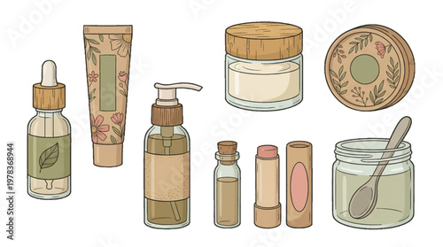 Different types of skincare products and containers are arranged on a white background for display or use in a beauty routine