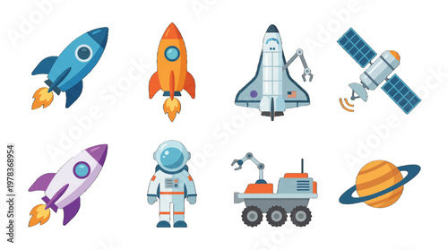 Different types of rockets, spacecraft, and an astronaut with planets in space setting
