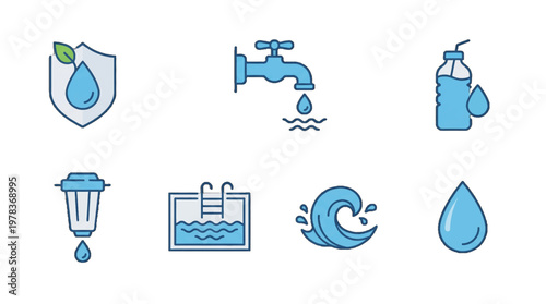 Water icons showing different uses and symbols for water in daily life and nature across various settings and activities
