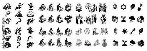 Agriculture icons with tractor shovel rake flat