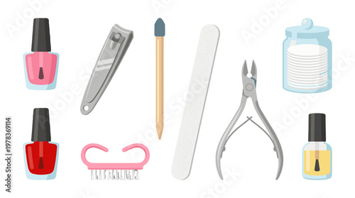 Tools for nail care and manicure displayed on a flat surface with different colors of nail polish and equipment