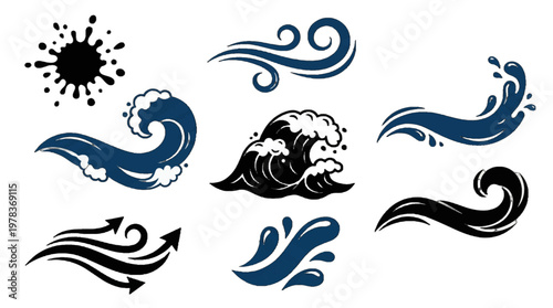 Different wave and splash designs showing various shapes and movements in water