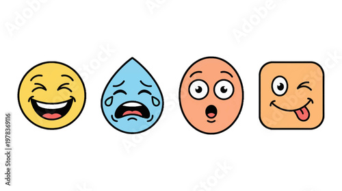 Different faces showing various emotions including happiness, sadness, surprise, and playfulness