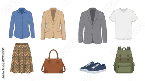 Fashion items in a simple layout showing different types of clothing and accessories for casual occasions and everyday wear