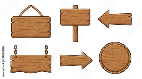 Various wooden signs with different shapes and orientations for guiding directions and displaying information