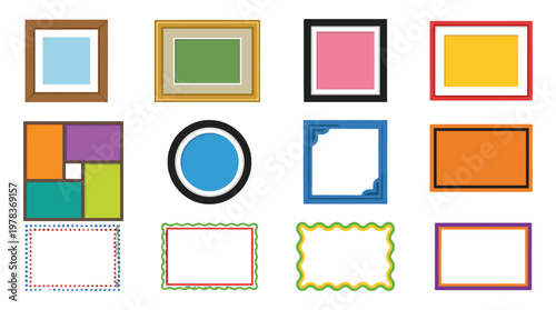 Different types of empty picture frames in various shapes and colors are displayed together for creative ideas
