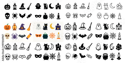 Halloween icons with pumpkin ghost witch hat broom colorful