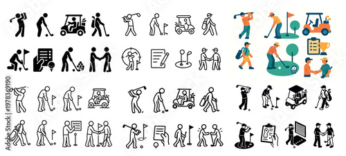 Sport icons with golfer cart club flat