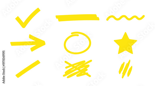 Bright yellow shapes and lines on a white background for design and art projects