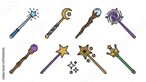 Different types of magic wands displayed in a simple layout with various designs and colors