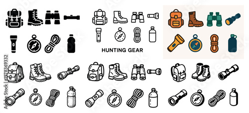 Outdoor icons with backpack boot binoculars outline