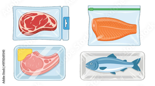 Different types of meat and fish packed in clear plastic containers for storage and preservation in a kitchen setting