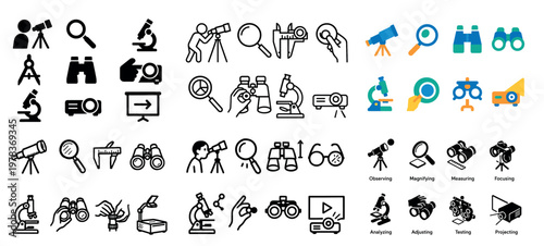 Science icons with microscope telescope magnifier outline bold