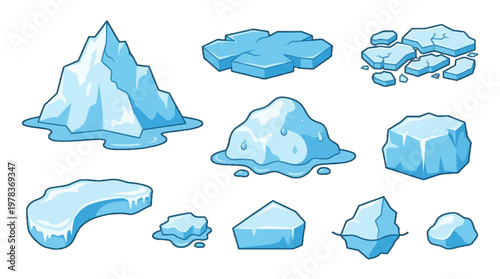 Collection of ice shapes and designs from a cold landscape shown in simple forms and colors during a bright day