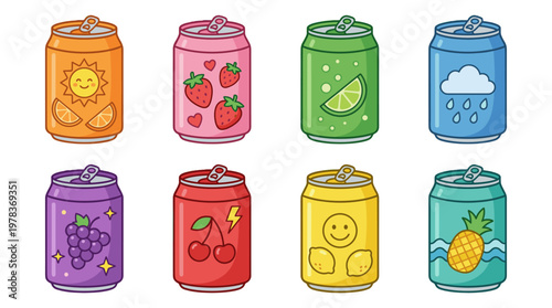 Cans with different colors and designs sit on a table in a bright room, showcasing various fruit flavors and patterns in the afternoon light