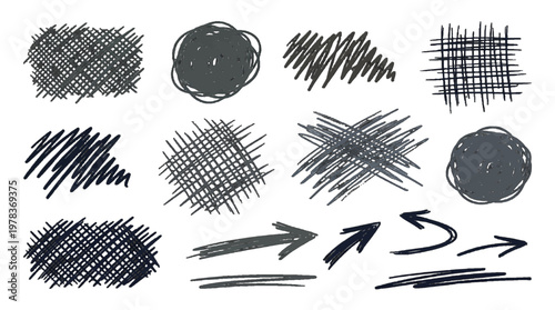 Black and white sketches showing lines, shapes, and arrows on a plain background for design and drawing ideas