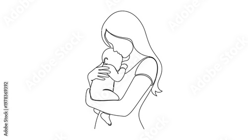 Continuous line art drawing of a loving mother embracing her newborn baby with tenderness and care.