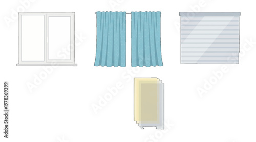 Different types of window coverings and designs displayed with various styles and colors in a simple layout