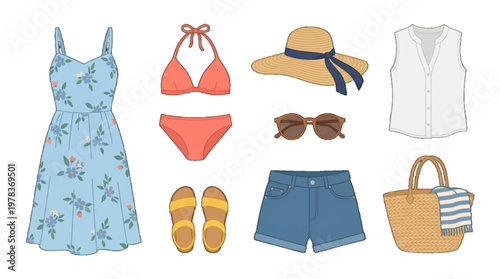 Summer outfits for beach day featuring dress, swimwear, hat, and accessories for warm weather fun