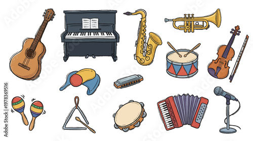 Instruments found in a music room showcasing a variety of music tools and equipment for different styles