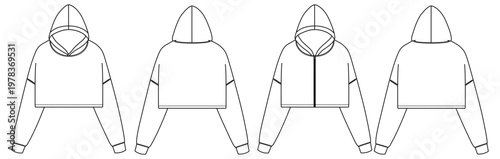 Cropped hoodie technical fashion flat sketch, zip up front view back view line drawing, CAD vector illustration template