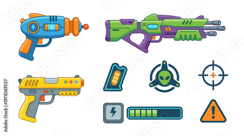 Different types of toy space guns and sci-fi icons in bright colors shown on a white background