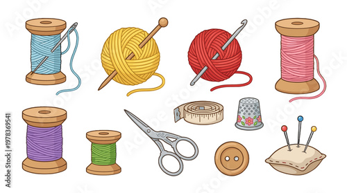 Craft supplies on a table showing spools of thread, yarn, scissors, a measuring tape, a thimble, and a pin cushion for sewing