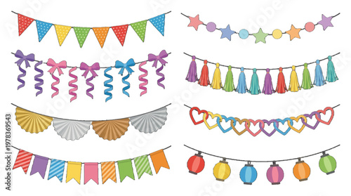 Colorful decorations hang across a space for a celebration or party event during a sunny day outdoors in a cheerful setting