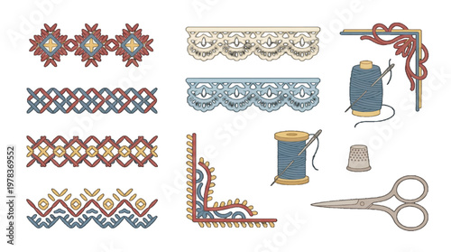 Handmade craft designs with threads, needles, and scissors for sewing and embroidery projects