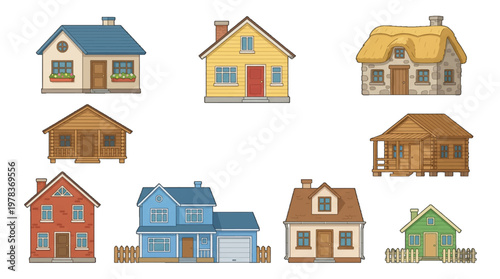 Different styles of houses in a cartoon style showing various designs and colors from different locations around the world