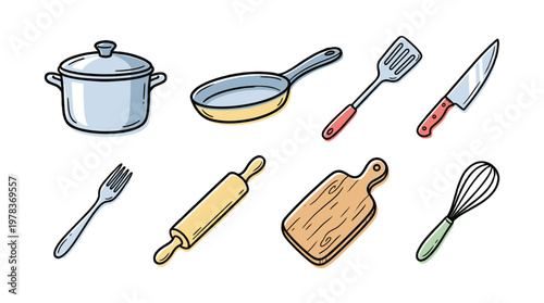Collection of kitchen tools and utensils for cooking and baking on a white background