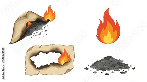 Burning papers and ashes show the process of fire consuming materials at a specific moment