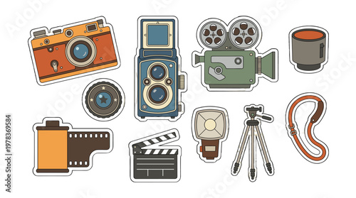 Collection of camera and film equipment in bright colors on a white background showing various devices and tools for photography and video