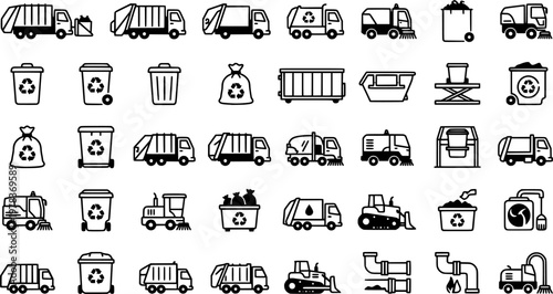Garbage Truck. Line icon set of Garbage Truck: garbage truck, trash bin, recycling bin, landfill, waste bag, dumpster, hydraulic lift, rear
