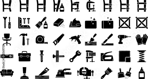 Furniture Repair. Solid icon set of Furniture Repair: broken chair leg, cracked chair leg, repaired chair leg, glued chair leg, clamped chair leg, reinforced