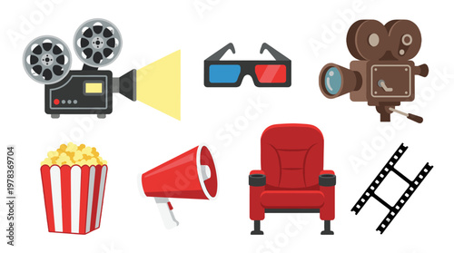 Film equipment and movie snacks displayed together in a flat design for a cinema theme event