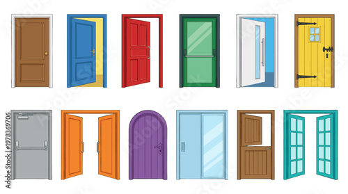 Different doors in various colors and designs shown in a simple arrangement for educational purposes
