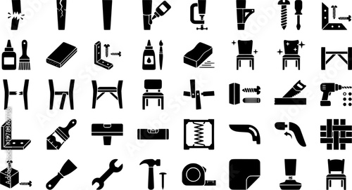 Furniture Repair. Solid icon set of Furniture Repair: broken chair leg, cracked chair leg, repaired chair leg, glued chair leg, clamped chair leg, reinforced