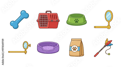 Various items for pet care including tools and food displayed in a simple arrangement