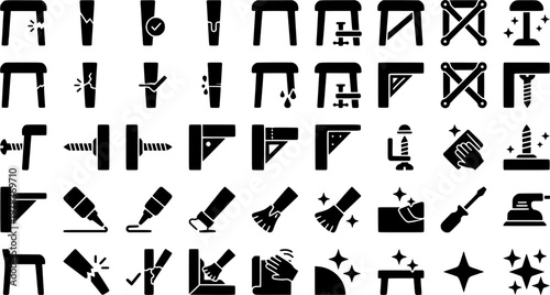 Furniture Repair. Solid icon set of Furniture Repair: broken chair leg, cracked chair leg, repaired chair leg, glued chair leg, clamped chair leg, reinforced
