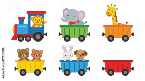 Animal train toy with cartoon animals in colorful carts on a white background