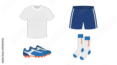 Soccer uniform and gear displayed in a simple layout showing a t-shirt, shorts, shoes, and socks for the sport