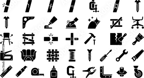 Furniture Repair. Solid icon set of Furniture Repair: broken chair leg, cracked chair leg, repaired chair leg, glued chair leg, clamped chair leg, reinforced