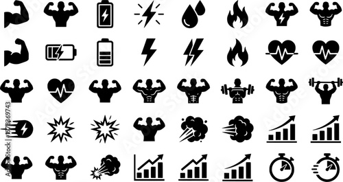 Boxing Fitness Icons. Boxing fitness symbols. Solid icon set of boxing fitness symbols: muscle arm, stamina icon, energy bolt, sweat drop, calorie burn,