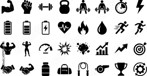 Boxing Fitness Icons. Boxing fitness symbols. Solid icon set of boxing fitness symbols: muscle arm, stamina icon, energy bolt, sweat drop, calorie burn,