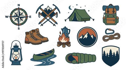 Camping and hiking icons show outdoor activities for adventure lovers in nature during summer trips
