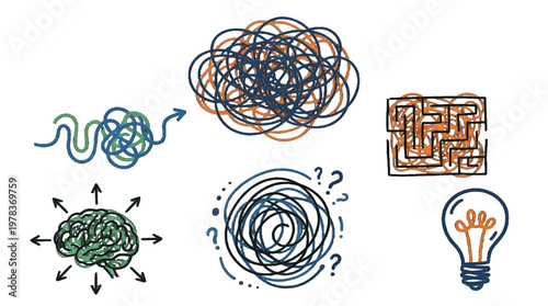 Concepts of thinking and problem solving shown through simple drawings of brains, mazes, and light bulbs in various patterns