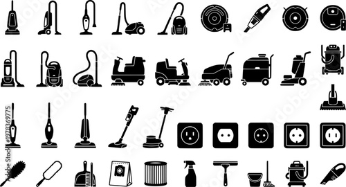 Vacuum Cleaner Types. Line icon set of Vacuum Cleaner Types: upright vacuum, canister vacuum, stick vacuum, handheld vacuum, robot vacuum, wet dry vacuum, 