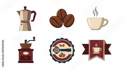 Coffee making tools and items show different parts of the coffee process from beans to brewing at a simple setting